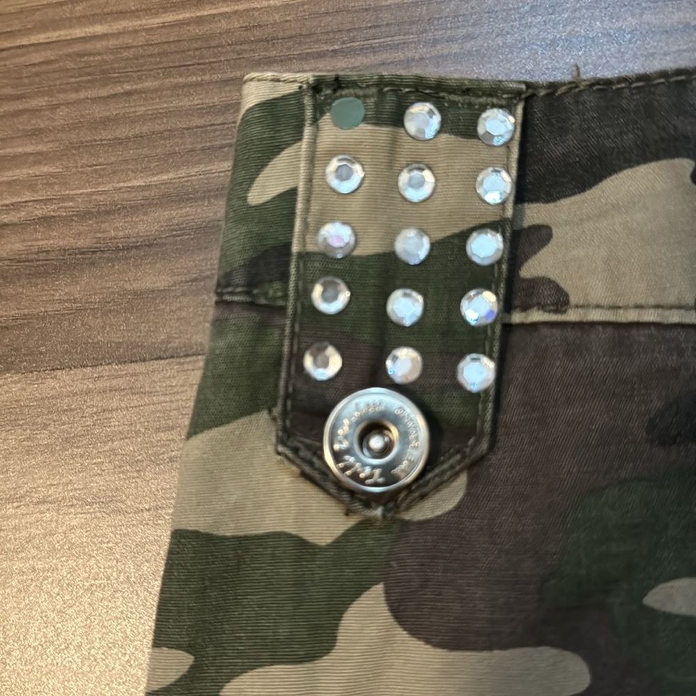 Tell Premium Surplus Camo Swarovski Crystal Patches 5 Pockets Zip Mini Skirt L - Picture 14 of 15
